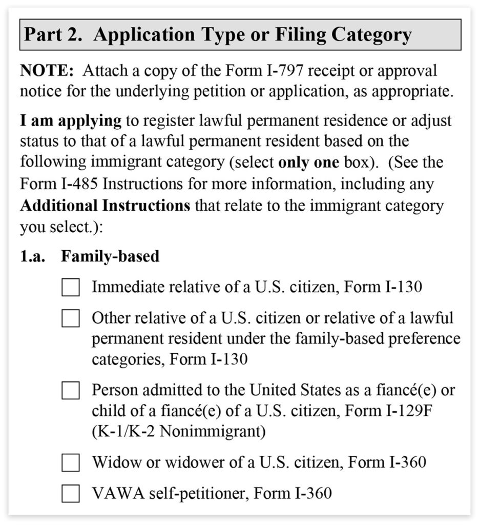 Form I-485, Part 2, Application Type or Filing Category