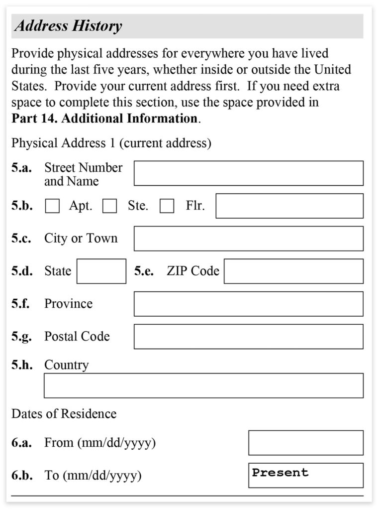 Form I-485, Part 3, Address History