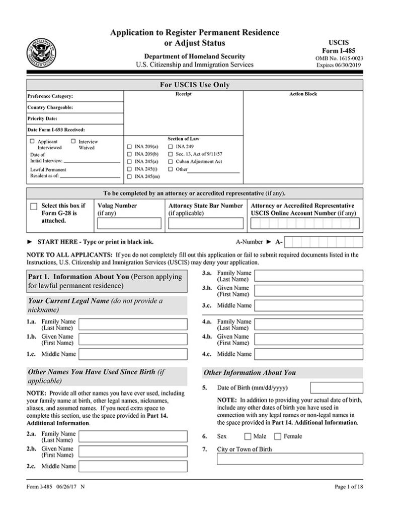 Lomake I 485 Vaiheittaiset Ohjeet SimpleCitizen 2024   Form I 485 Page 1 791x1024 